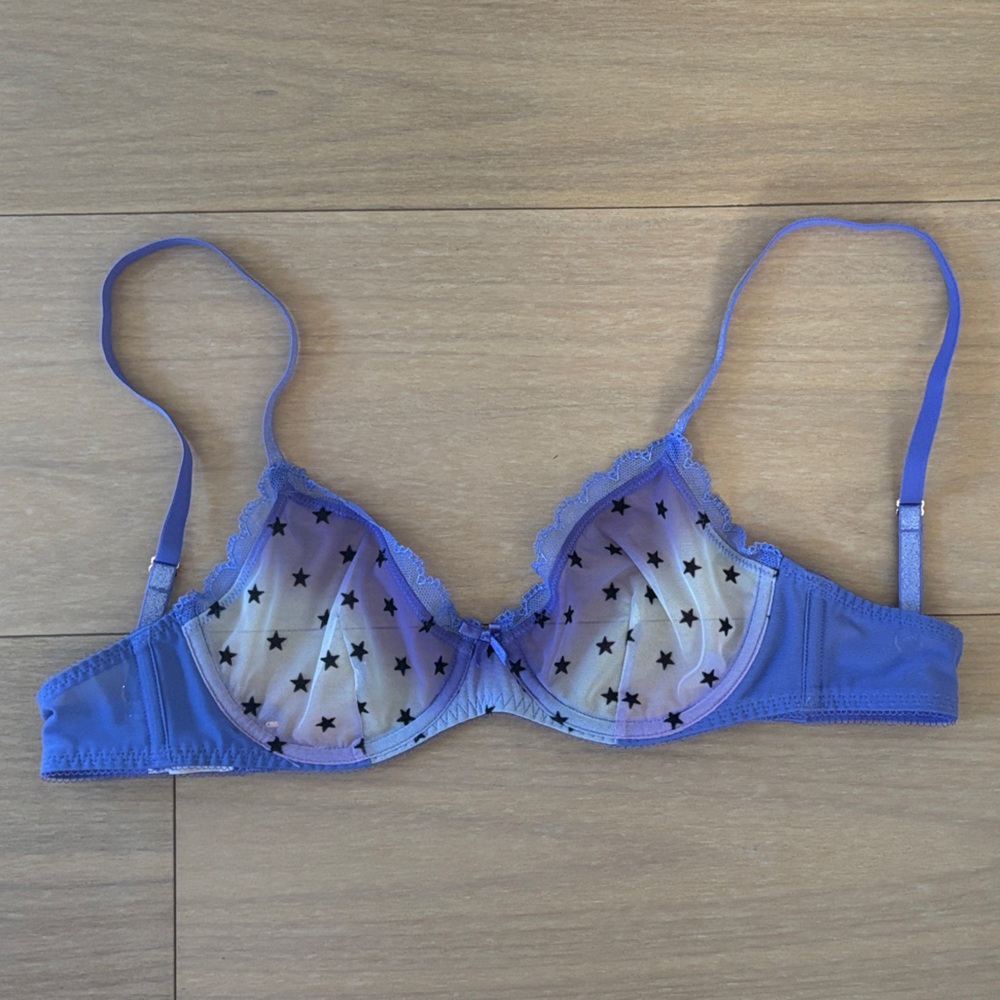 Savage X Fenty Blue Star Patterned Sheer Wire Bra and Panties Set - Picture 2 of 6